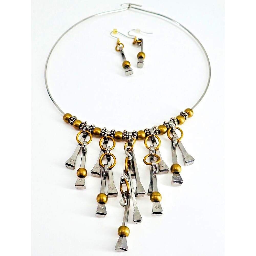 Brutalist Bib Collar Silver Drop Fringe Copper Beads Statement Necklace & Earrin